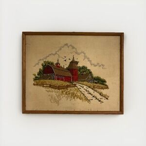 Vintage Crewel Embroidery Finished Framed Red Barn Farm Farmhouse Country 17x21